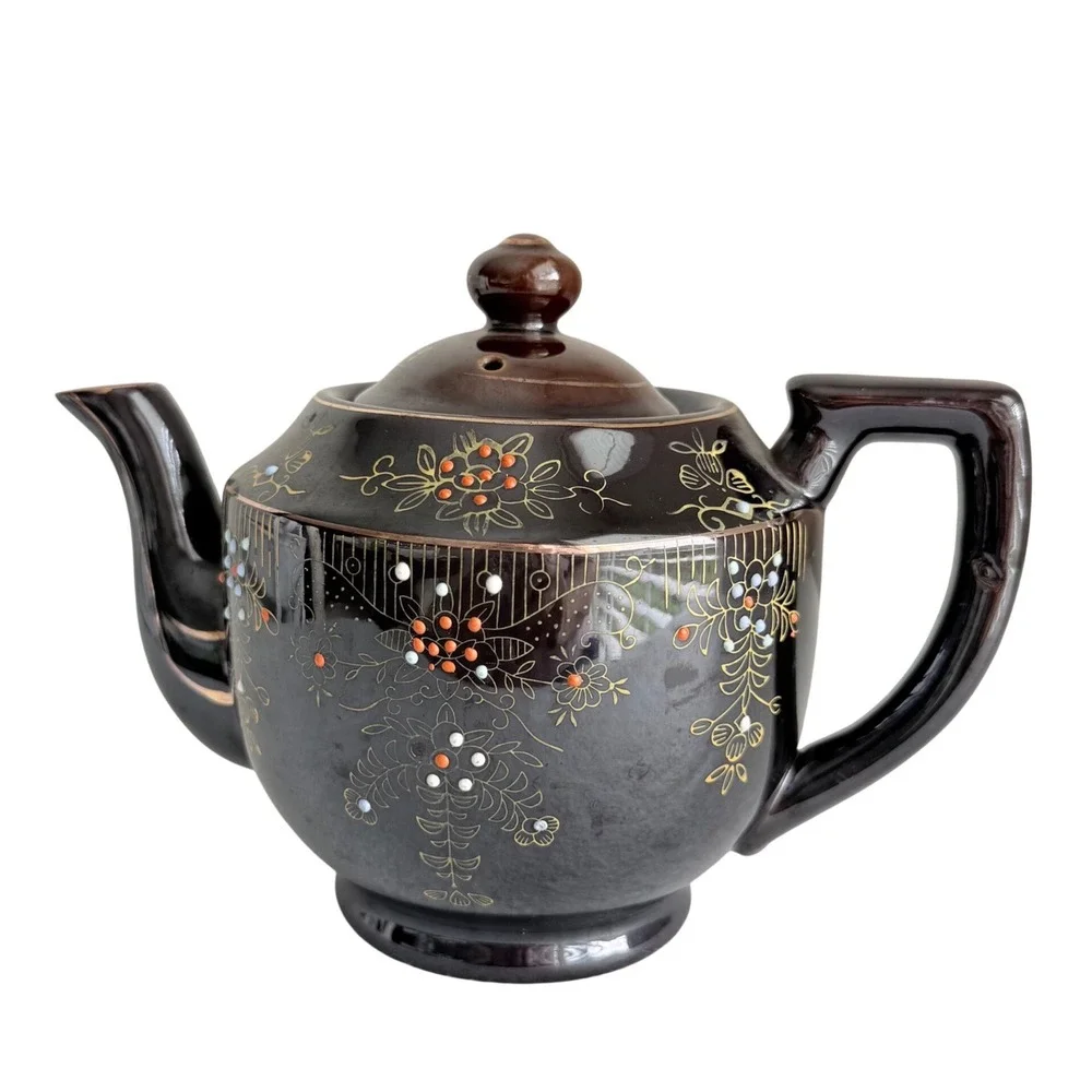 Japan Teapot Vintage Dark Brown Moriage Floral Gold Gilt Ceramic 5.5in 1940s